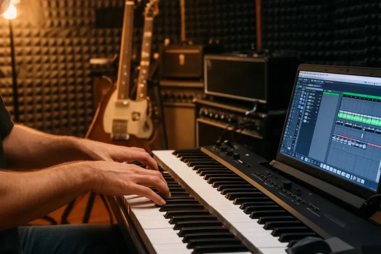 Mans sobre un teclat en un local d'assaig amb guitarra i amplificadors