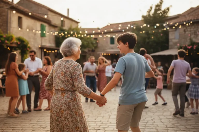 Una àvia i el seu nét ballant junts en una festa major de poble