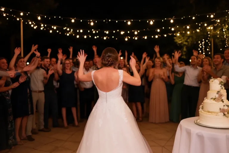 Nuvis i convidats a la pista de ball d'un casament després del sopar