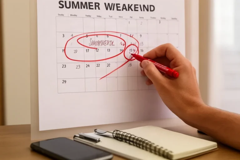Mà marcant dates d'estiu en un calendari de paret per reservar el grup