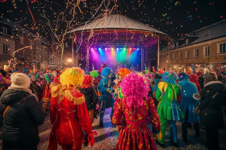 Gent disfressada ballant entre confeti en una nit de carnaval d'hivern
