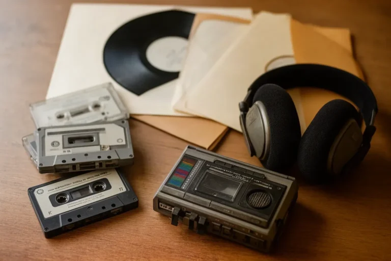 Cassets, discos de vinil i un walkman antic que recorden la música dels 80 i 90