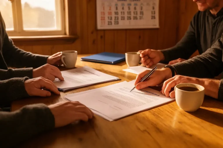 Membres d'una comissió de festes revisant papers i calendari per contractar el grup