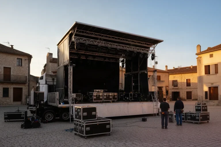 Escenari mòbil amb estructura de llums muntant-se a la plaça d'un poble
