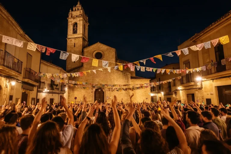 Plaça plena de gent ballant en una nit calorosa de festa major d'estiu