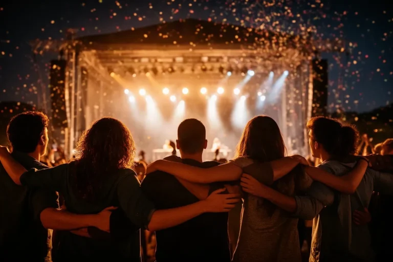 Grup d'amics abraçats cantant junts davant de l'escenari en una festa de poble