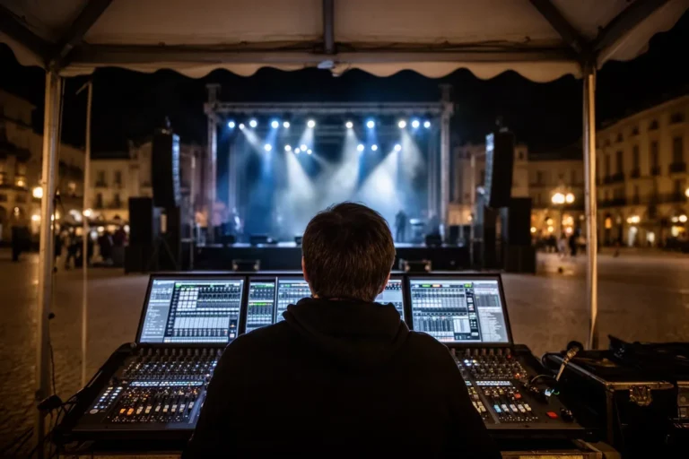 Taula de mescles i tècnic de so davant d'un escenari amb llums de concert